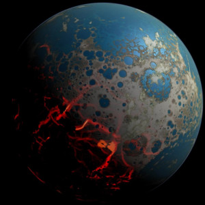 An artistic conception of the early Earth, showing a surface pummeled by large impacts, resulting in extrusion of deep-seated magma onto the surface. At the same time, distal portion of the surface could have retained liquid water.   Artwork by Simone Marchi 