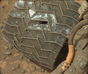 Wheel watch 2014. This image was taken by Mastcam: Left (MAST_LEFT) onboard NASA's Mars rover Curiosity on Sol 797 (2014-11-02 23:46:25 UTC).   Image Credit: NASA/JPL-Caltech/MSSS 