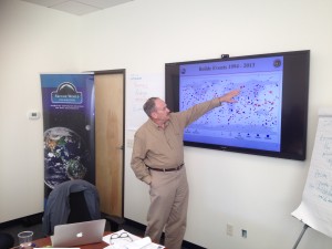 Update on bolides! Lindley Johnson, program executive for NASA’s Near-Earth Object (NEO) Observations Program, spotlights bolide impacts on Earth’s atmosphere during a recent Secure World Foundation workshop on NEO communications. Credit: SWF