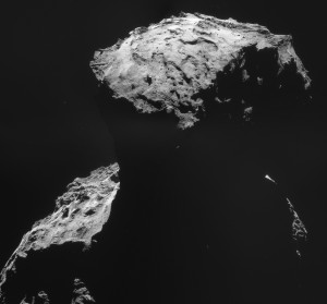 This four-image NAVCAM mosaic shows Philae’s landing site as Rosetta departed its 10 kilometer orbit in order to prepare for the deployment of Philae on November 12. Credit: ESA/Rosetta/NAVCAM – CC BY-SA IGO 3.0