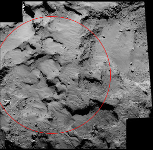 Close-up of the region containing Philae’s primary landing – “Agilkia” -- which is located on the “head” of Comet 67P/Churyumov–Gerasimenko.  Credits: ESA/Rosetta/MPS for OSIRIS Team MPS/UPD/LAM/IAA/SSO/INTA/UPM/DASP/IDA 