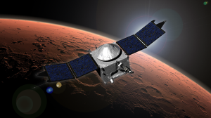 Artist’s image shows NASA’s MAVEN spacecraft in orbit around Mars. (Courtesy NASA/GSFC)
