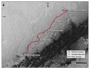 This map shows the route driven by NASA's Curiosity Mars rover from the location where it landed in August 2012 to the "Pahrump Hills" outcrop, which is part of the basal layer of Mount Sharp.  The traverse line covers drives completed through the 817th Martian day, or sol, of Curiosity's work on Mars (Nov. 23, 2014). Image Credit: NASA/JPL-Caltech/Univ. of Arizona 