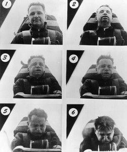 Full stop! A pioneering rocket sled ride. Even in black & white it hurts. Credit: US Air Force 