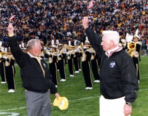 This photo of Purdue alumni astronauts Neil A. Armstrong (left) and Gene A. Cernan, is aboard the Orion space vehicle. The photo is from a 2007 football game in Purdue's Ross-Ade Stadium.  Credit: Purdue University
