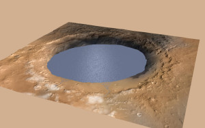 This simulation depicts a lake partially filling Mars' Gale Crater, receiving runoff from snow melting on the crater's rim. Evidence that NASA's Curiosity rover has found of ancient streams, deltas and lakes suggests the crater held a lake such as this more than three billion years ago. Image Credit: NASA/JPL-Caltech/ESA/DLR/FU Berlin/MSSS 