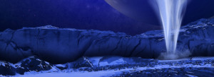 Artist’s conception of water vapor plume erupting from the icy surface of Europa, a moon of Jupiter, based on data from the Hubble Space Telescope. Credit: NASA/ESA/K. Retherford/SWRI