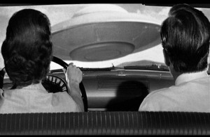 Up close contact! Scene from Earth vs. the Flying Saucers circa 1956.  Credit: Columbia Pictures