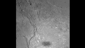 On February 14, 2015, the Optical, Spectroscopic, and Infrared Remote Imaging System (OSIRIS) on the Rosetta spacecraft observed the surface of comet 67P Churyumov-Gerasimenko in the Imhotep region with the Sun directly behind it from an altitude of six kilometers.The image resolution is 11 centimeters per pixel. The orbiter’s shadow is visible as a dark rectangular patch in the lower part of the image. Credit: ESA/Rosetta/MPS for OSIRIS Team MPS/UPD/LAM/IAA/SSO/INTA/UPM/DASP/IDA
