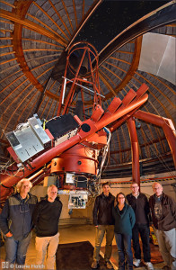 The near-infrared optical SETI (NIROSETI) team with their new infrared detector inside the dome at Lick Observatory. Left to right: Remington Stone, Dan Wertheimer, Jérome Maire, Shelley Wright, Patrick Dorval and Richard Treffers.  Credit: Laurie Hatch Photography, used with permission 