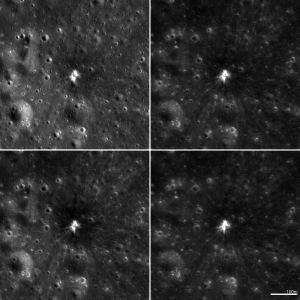 On-duty eye on the Moon: Four different images taken by NASA's Lunar Reconnaissance Orbiter of a lunar crater (18 meter diameter) recently formed on the Moon; each scene is 560 meters wide. Being able to get observations before, during and after the impact is a valuable opportunity to better understand impact events. Credit: NASA/GSFC/Arizona State University 