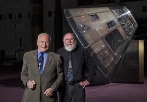 Buzz Aldrin and Leonard David with the Apollo 11 Command Module. Credit Eric Long/NASM