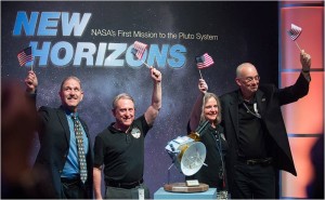 Pluto...and beyond! NASA Associate Administrator for the Science Mission Directorate John Grunsfeld, left, New Horizons Principal Investigator Alan Stern of Southwest Research Institute (SwRI), Boulder, CO, second from left, New Horizons Mission Operations Manager Alice Bowman of the Johns Hopkins University Applied Physics Laboratory (APL), second from right, and New Horizons Project Manager Glen Fountain of APL. Credit: NASA/Joel Kowsky 