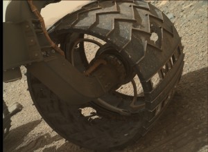 Curiosity Mars rover used MAHLI to view this damaged wheel on August 16, 2015, Sol 1076. Credit: NASA/JPL-Caltech/MSSS 
