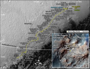 This map shows the route driven by NASA's Mars rover Curiosity through the 1067 Martian day, or sol, of the rover's mission on Mars (August, 07, 2015). Numbering of the dots along the line indicate the sol number of each drive. North is up. The scale bar is 1 kilometer (~0.62 mile). From Sol 1066 to Sol 1067, Curiosity had driven a straight line distance of about 57.32 feet (17.47 meters). The base image from the map is from the High Resolution Imaging Science Experiment Camera (HiRISE) in NASA's Mars Reconnaissance Orbiter.   Image Credit: NASA/JPL-Caltech/Univ. of Arizona 