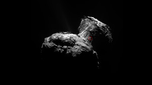 Rosetta's Optical, Spectroscopic, and Infrared Remote Imaging System (OSIRIS) camera shows the spot (marked with a red circle) on Comet 67P/Churyumov-Gerasimenko, where the massive gas eruption occurred on July 29, 2015. Credit: ESA/Rosetta/MPS for OSIRIS Team/MPS/UPD/LAM/IAA/SSO/INTA/UPM/DASP/IDA