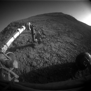 Front Hazcam on Opportunity shows its outstretched robot arm on Sol 4236. Credit: NASA/JPL