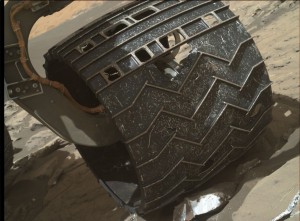 Taking a January 5 look at wheel damage using the Mars Hand Lens Imager (MAHLI), located on the turret at the end of the rover's robotic arm. Credit: NASA/JPL-Caltech/MSSS 