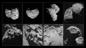 These images of comet 67P/Churyumov-Gerasimenko were taken by Rosetta’s navigation camera between August and November 2014. Top row, left to right: Comet pictured on August 6, 2014, at a distance of 96 km; August 14, at a distance of 100 km; August 22, at a distance of 64 km; September 14, at a distance of 30 km. Bottom row, left to right: Comet pictured on September 24, at a distance of 28 km; October 24, at a distance of 10 km; October 26, at a distance of 8 km; November 6, at a distance of 30 km. Credit: ESA/Rosetta/NavCam – CC BY-SA IGO 3.0 