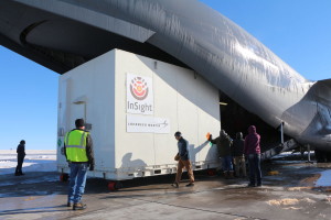 A crate containing NASA's Mars-bound InSight spacecraft was loaded into a C-17 cargo aircraft at Buckley Air Force Base, Denver, for shipment to Vandenberg Air Force Base, California. The spacecraft, built by Lockheed Martin Space Systems, was shipped Dec. 16, 2015, for launch in March 2016. The spacecraft is now back at Lockheed Martin due to launch delay. Credit: NASA/JPL-Caltech/Lockheed Martin 