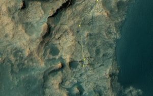 This map shows the route driven by NASA’s Mars rover Curiosity through the 1387 Martian day, or sol, of the rover's mission on Mars (July, 01, 2016). From Sol 1386 to Sol 1387, Curiosity had driven a straight line distance of about 41.43 feet (12.63 meters). Since touching down in Bradbury Landing in August 2012, Curiosity has driven 8.22 miles (13.23 kilometers). The base image from the map is from the High Resolution Imaging Science Experiment Camera (HiRISE) in NASA's Mars Reconnaissance Orbiter. Credit: NASA/JPL-Caltech/Univ. of Arizona 