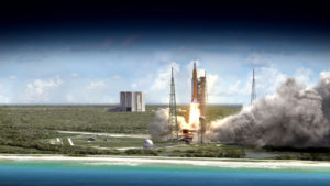 Space Launch System heads outward on projected 2018 Exploration Mission-1. Credit: NASA