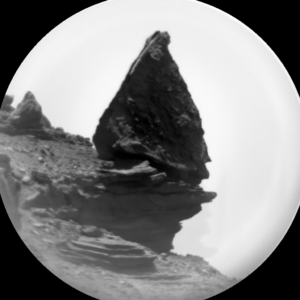 Look out below! Curiosity ChemCam Remote Micro-Imager photo of balancing boulder taken on Sol 1428, August 12, 2016. Image Credit: NASA/JPL-Caltech/LANL 