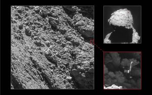 Main image and lander inset: ESA/Rosetta/MPS for OSIRIS Team MPS/UPD/LAM/IAA/SSO/INTA/UPM/DASP/IDA; context: ESA/Rosetta/NavCam – CC BY-SA IGO 3.0