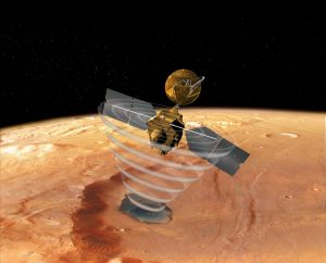 This image is an artist's concept of a view looking down on NASA's Mars Reconnaissance Orbiter. The spacecraft is pictured using its Shallow Subsurface Radar instrument (SHARAD) to "look" under the surface of Mars. Credit: NASA/JPL